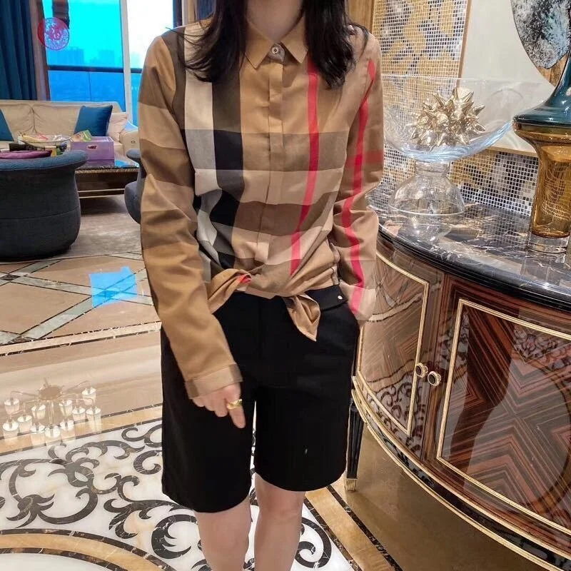 High Quality Plaid Women Shirt 2021 New Autumn Office Lady Button Turn Down Collar Popular All-match Thin Blouse Bottoming Shirt