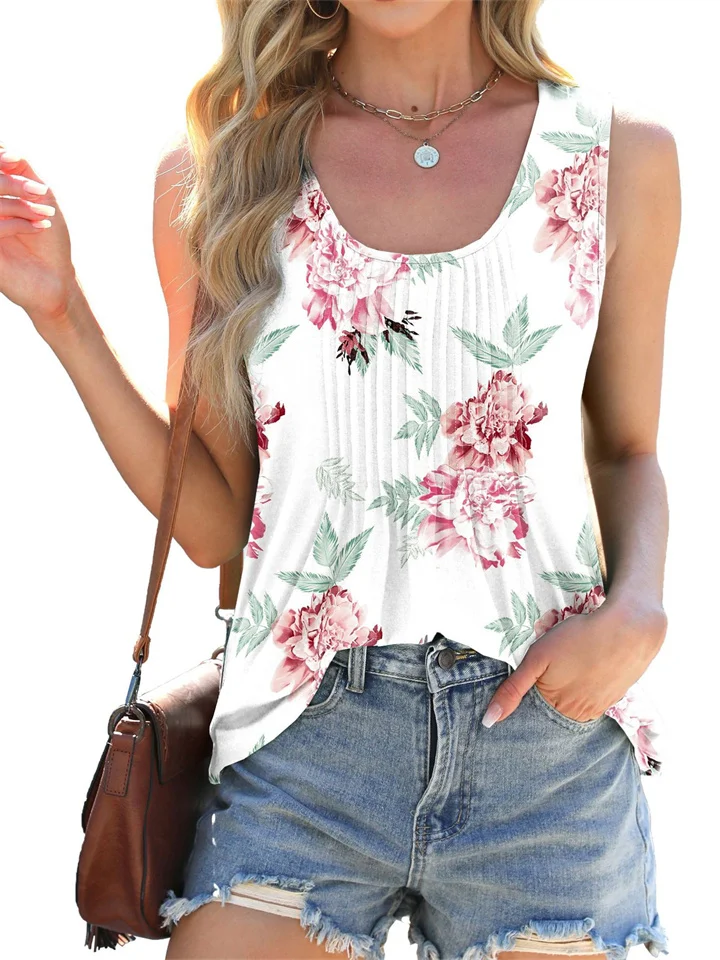 Women's Summer New Round Neck Tie-dye Printing Loose Sleeveless T-shirt Undershirt Tops