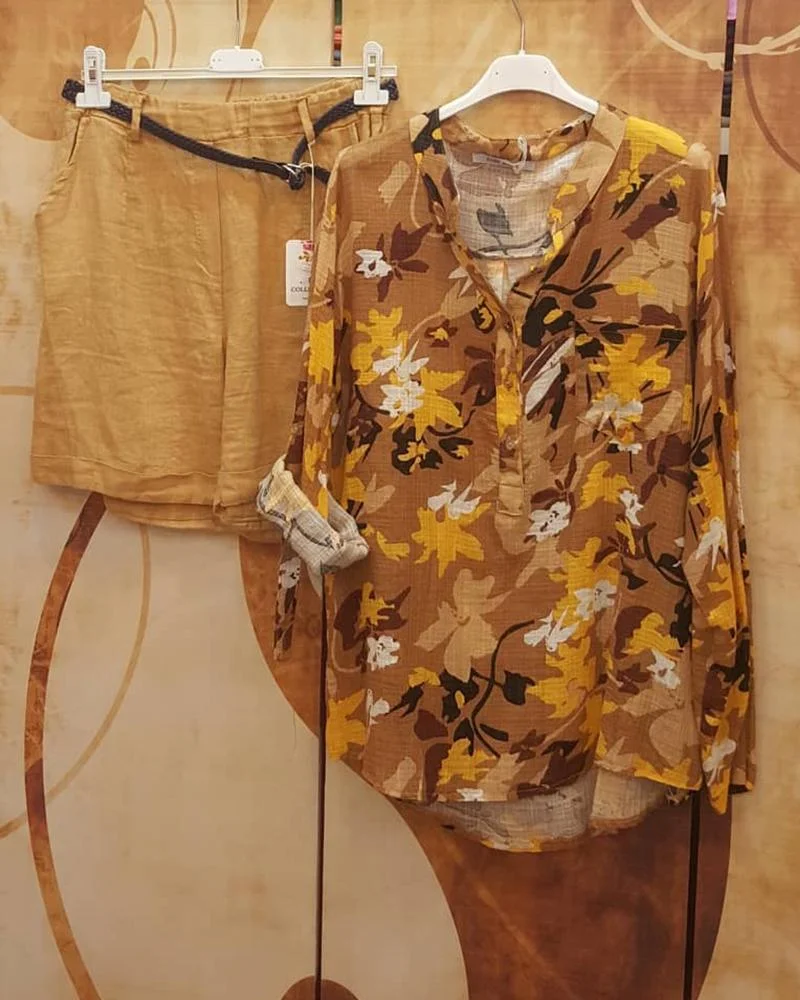 Casual Loose Plant Print Long-Sleeved Shirt Two-Piece