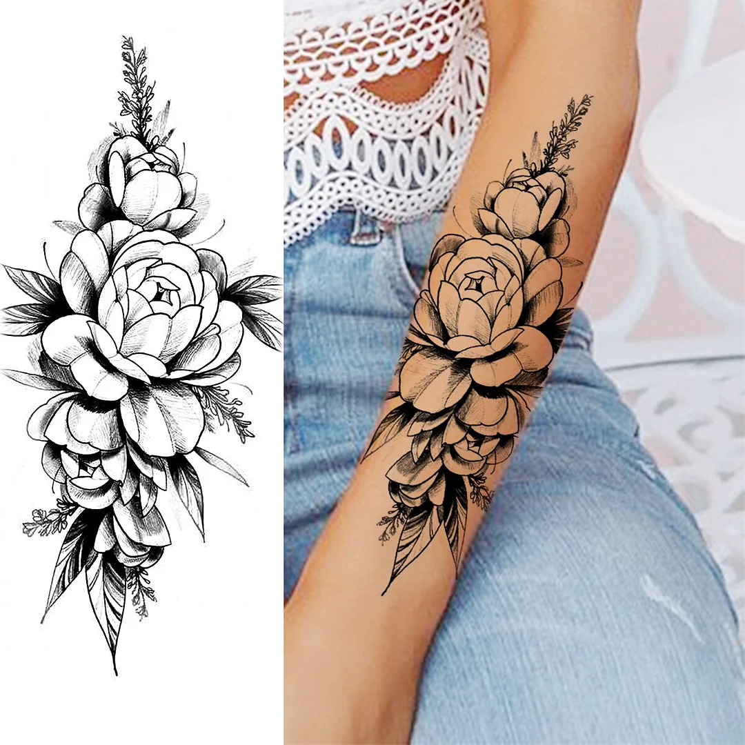 Sdrawing Peony Flower Moon Temporary Tattoos For Women Adult Rose Daisy Crown Fake Tattoo Fashion Washable Half Sleeve Tatoos