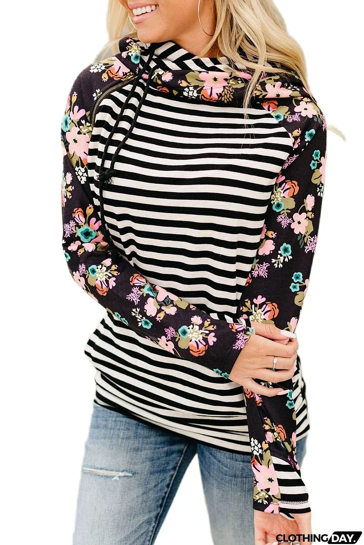 Striped Floral Print Long Sleeve Zipper Hoodie