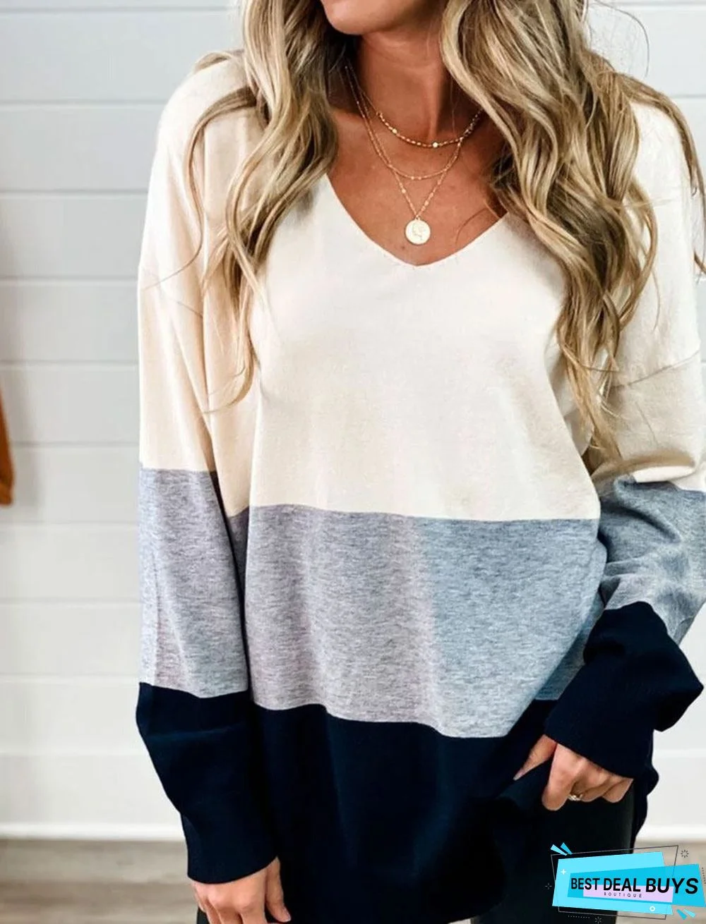V-Neck Casual Loose Contrast Sweater Pullover