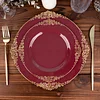 10 Pack | 8" Round Plastic Dessert Salad Plates In Vintage Burgundy, Gold Leaf Embossed Baroque Disposable Plates
