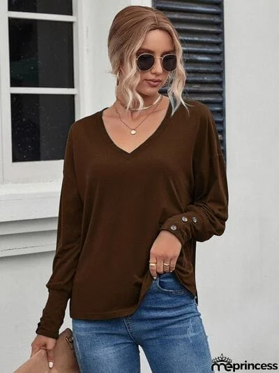 Decorative Button V-Neck Long Sleeve T-Shirt