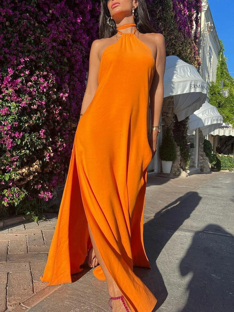 Solid color halterneck high slit dress