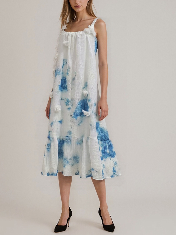 Hand-tie-dyed Strap Flower Trim Midi Dress