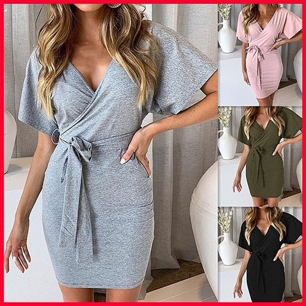 Women Casual V-neck Short Sleeve Wrapped Dress Lace Up Mid-skirt Summer Loose Dress - Shop Trendy Women's Fashion | TeeYours