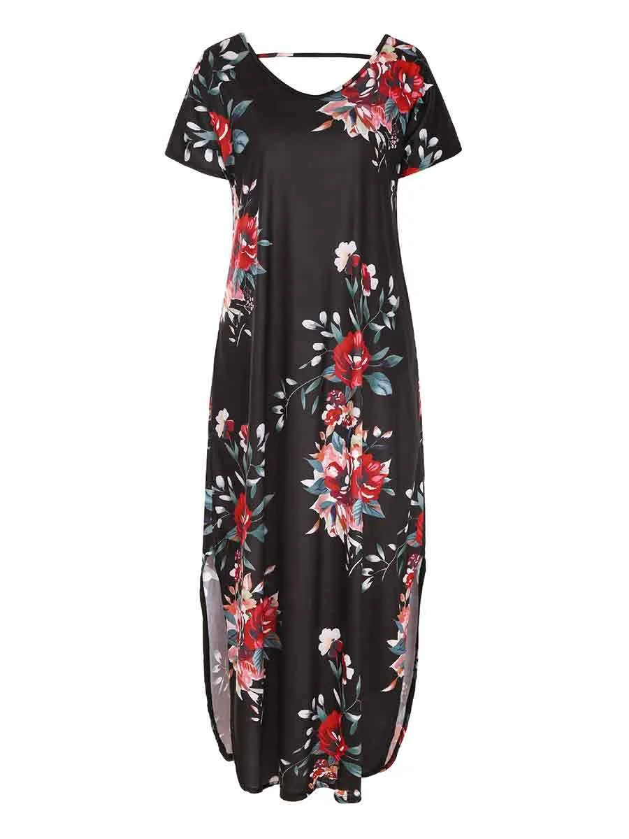 Round Neck Short Sleeves Bohemia Pattern High Slit Floral Dress