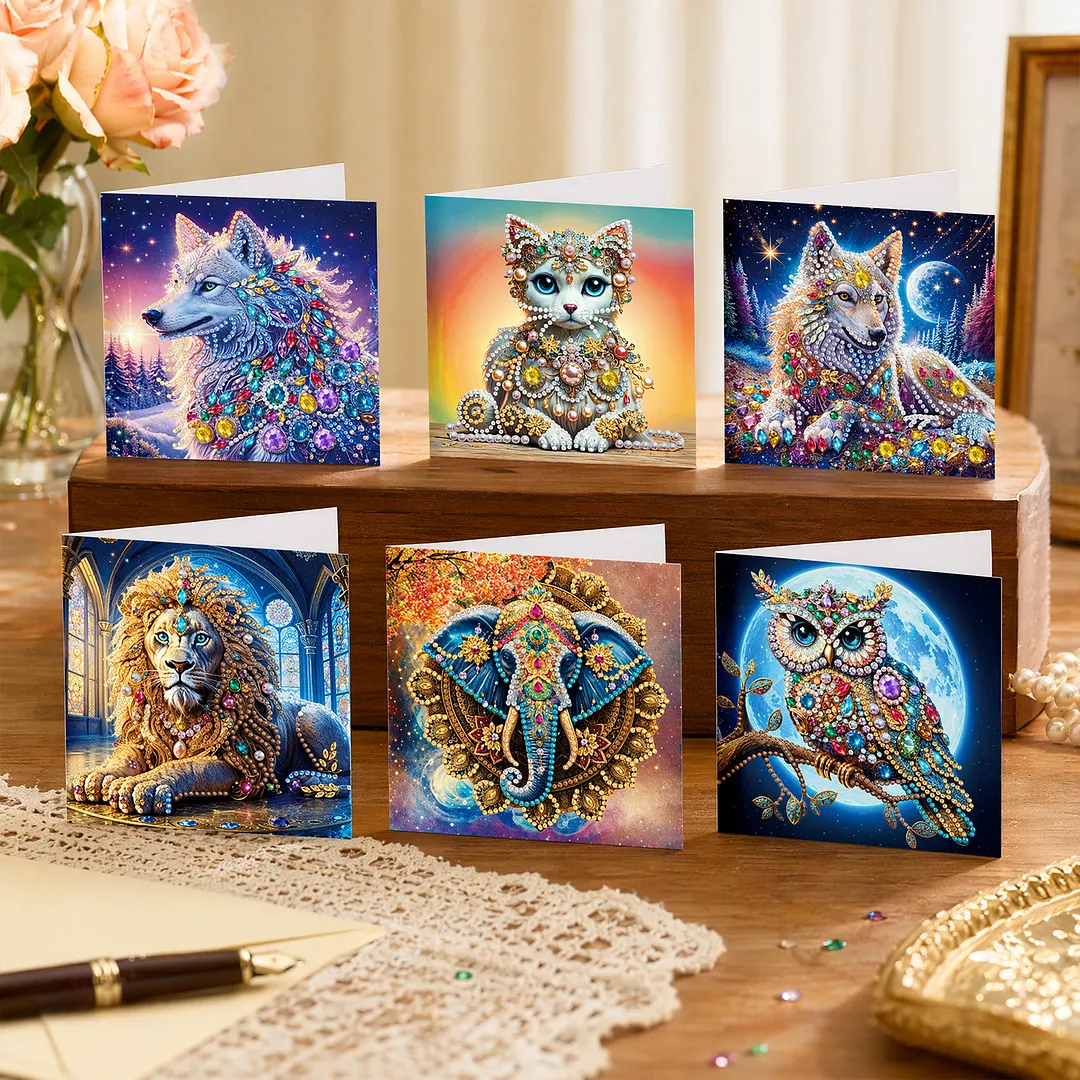 6pcs Gemstone Animals DIY Diamond Painting Greeting Card Kits with Envelopes Diamond Art Greeting Cards Diamond Art Cards Kits for Adults DIY Crafts Family Friend Gifts