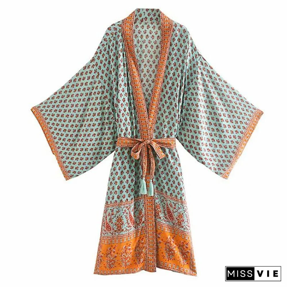 Vintage Cashew Print Robe Long Cardigan Kimono Outerwear