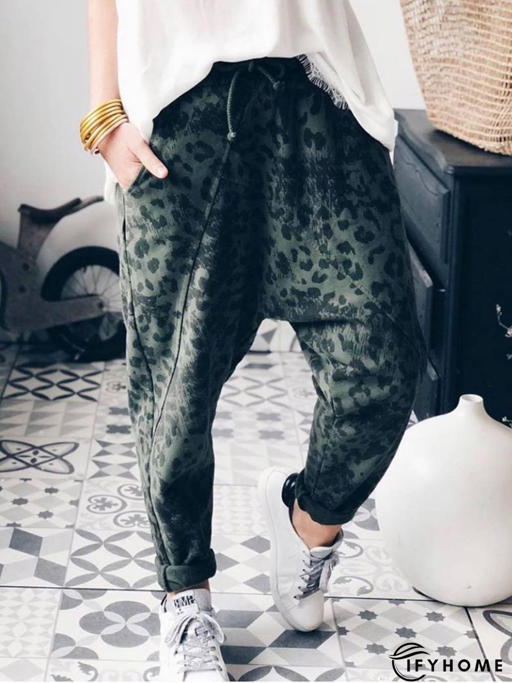 Gray Leopard Floral-Print Casual Pants | IFYHOME