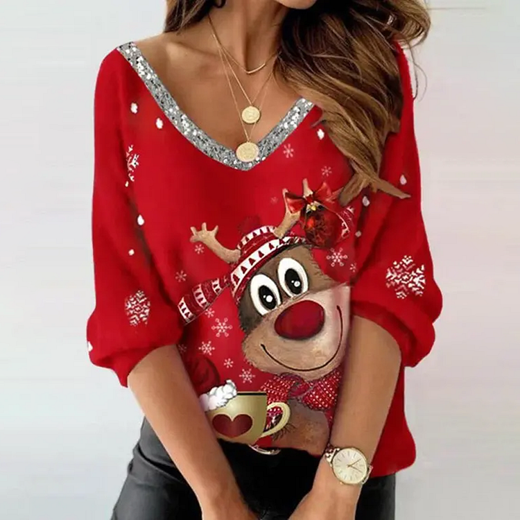 Wearshes Christmas Elk Print Sequined V-Neck T-Shirt