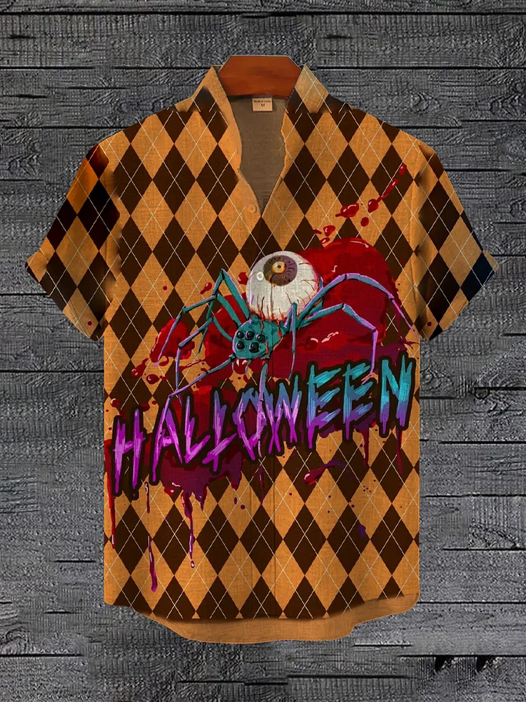 Men's Halloween Bloody Scary Spider Argyle Pattern Print Shirt