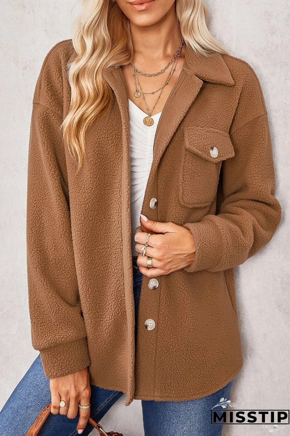 Women Long Sleeve Solid Color Pocket Fashion Casual Button Jacket