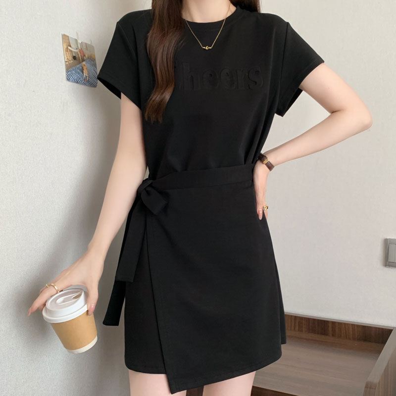 Ele Simple round Ne T-irt Dr Women plus Size Slimming Waist Tie A-Line Midi Skirt Korean Sle High Waist ort Sl...