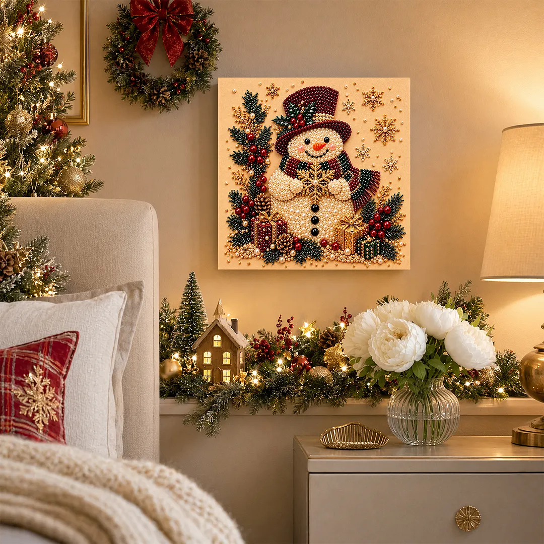 Framed Pearl Painting Kit Snowman Red Hat 7.87x7.87in