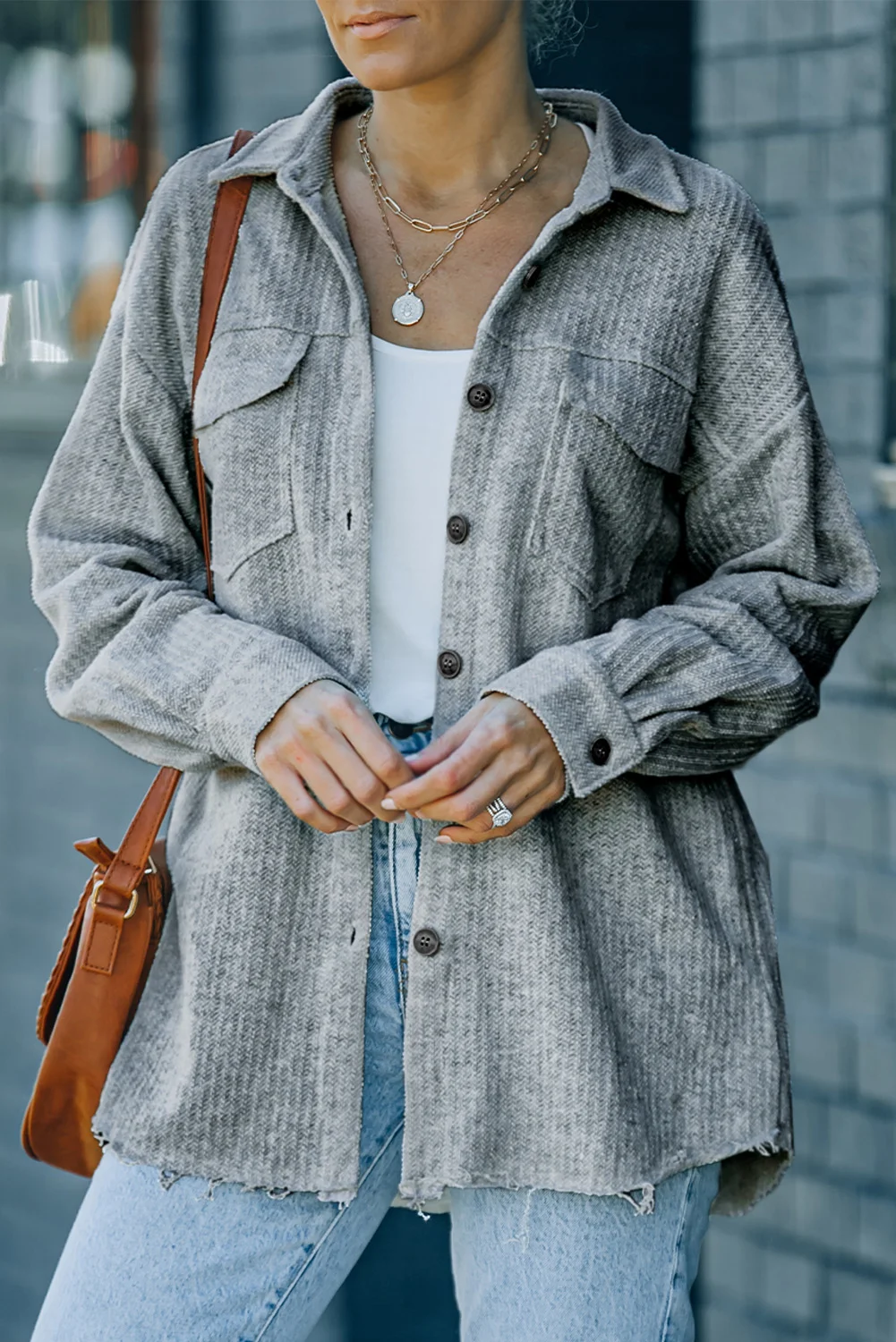 Gray Textured Button Down Shirt Jacket with Pockets | IFYHOME