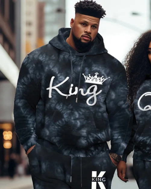 Couple's Large Size Casual Tie-Dye KING QUEEN Hoodie Set