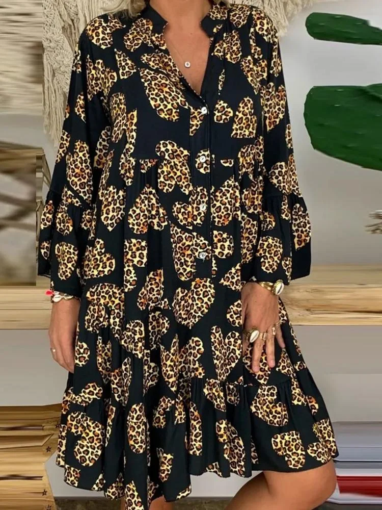 Women's V-Neck Casual Printed Loose Long Sleeve Dress-Black-Mayoulove