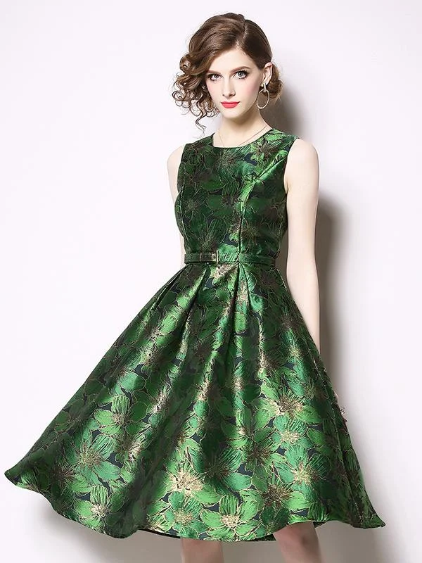 Retro Sleeveless Jacquard Dress Slim A-line Skirt