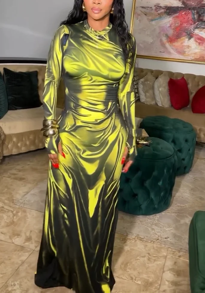Women's printed round neck slim dress