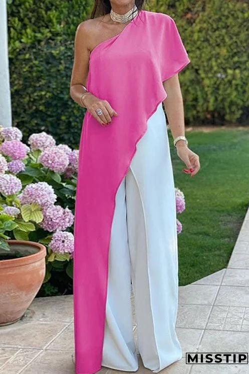 Meridress One Shoulder Color Block Wide Leg Jumpsuit
