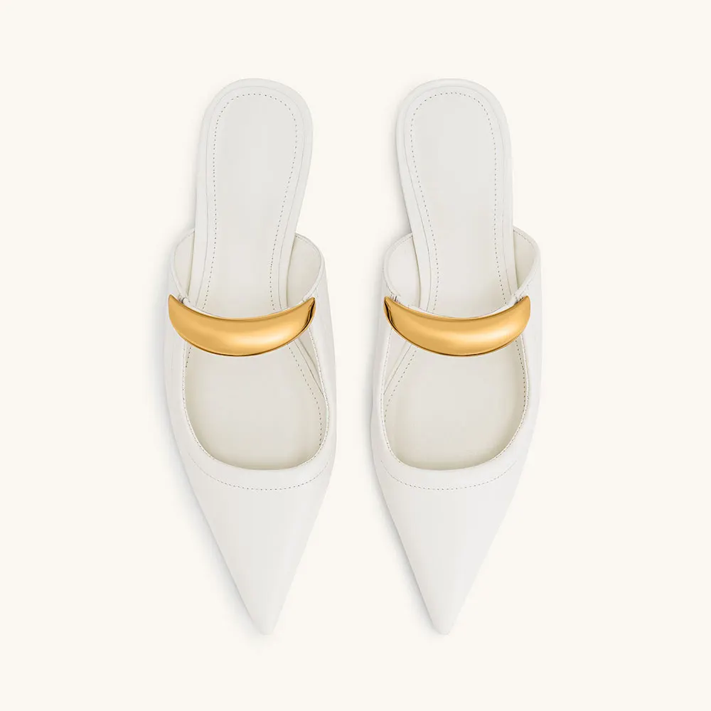 Fashion White Pointed Toe Metal Strap Mule Shoes with Cylinder Heel