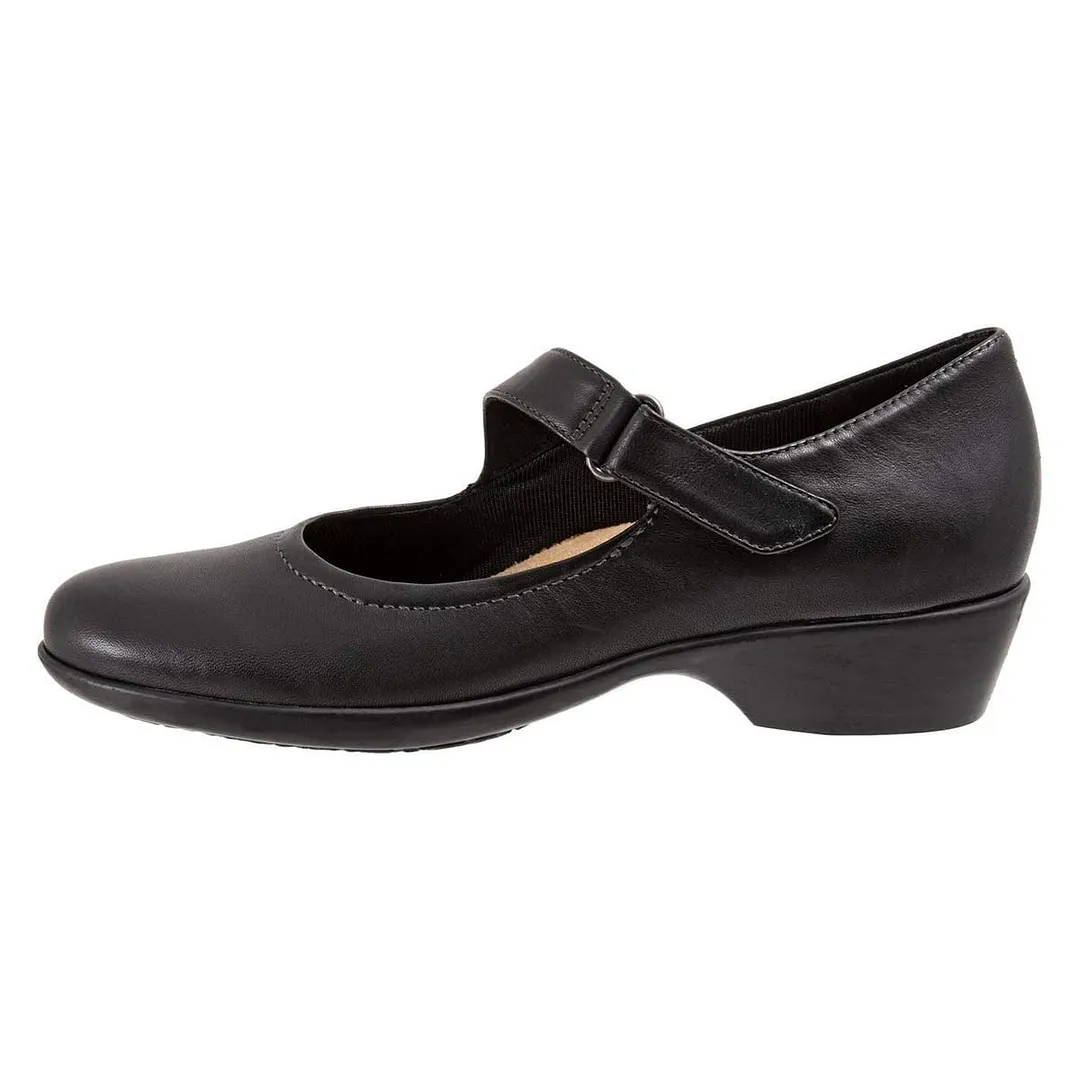 Women's Black Round Toe Block Heel Mary Jane Pumps with Velcro