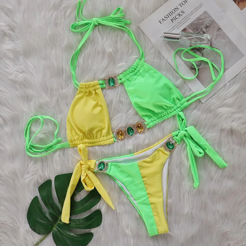 Brownm Brownm 2024 New Crystal Diamond Bikini Sexy Quilting Tied With Women's Split Swimsuit