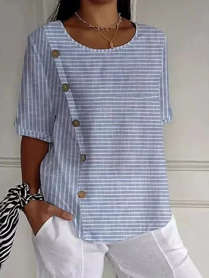 Women's Casual Striped Round Neck Button Blouse