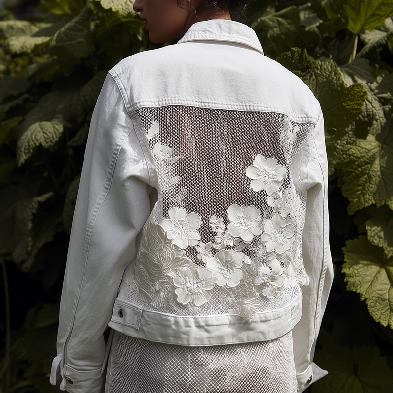 Elegant Denim Jacket With Floral Embroidery And Mesh Back Detail