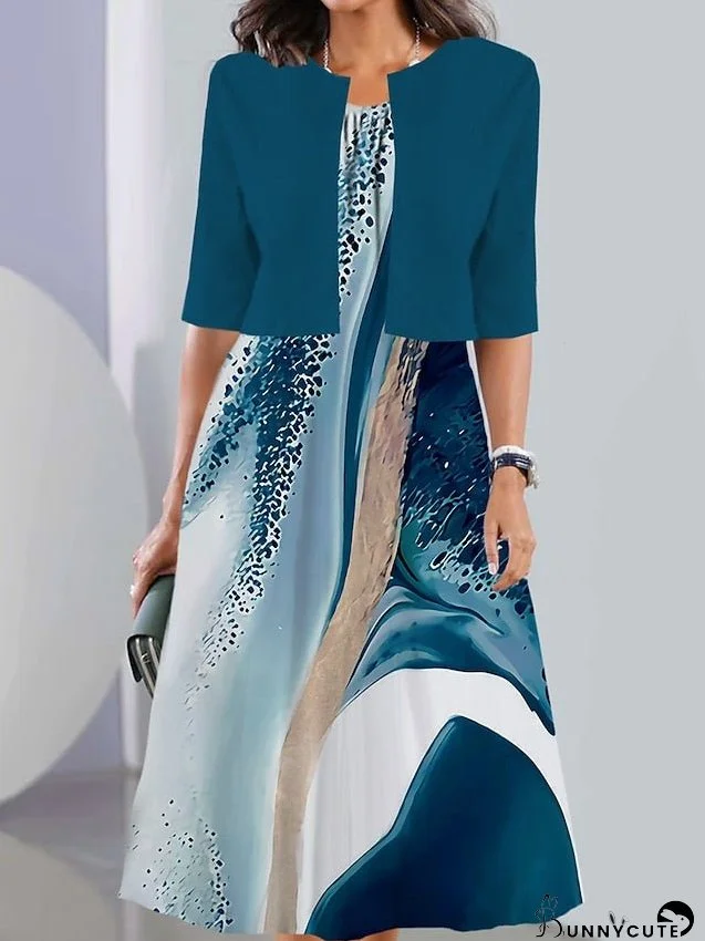 Two Piece Dress Set Casual Dress Chiffon Dress Daily Going out Fashion Streetwear Pocket Print Midi Dress Crew Neck Half Sleeve Ombre Marble Print Loose Fit Pink Navy Blue Dark Green Summer for Women