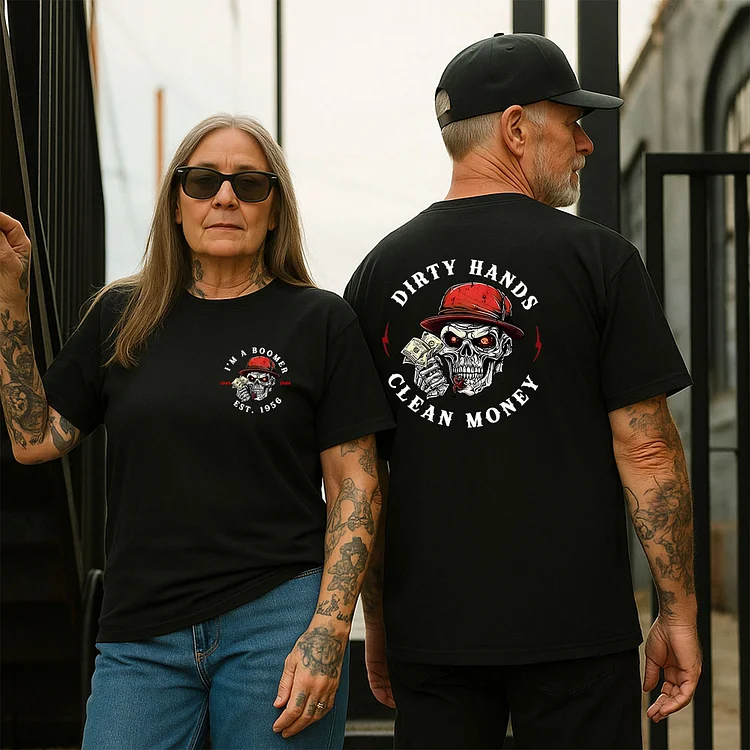  "Dirty Hands Clean Money" Skull Graphic, Ideal for All Seasons, Unisex Cotton,Boomer Custom Year Of Birth T shirt