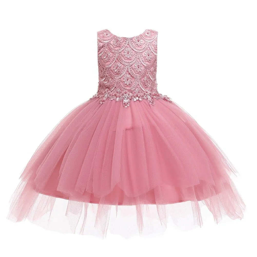 Big Bow Lovely Breathable Princess Kid Dresses For Girl Pink Beaded Layered Tulle Flower Dress Child of 2-10 Year