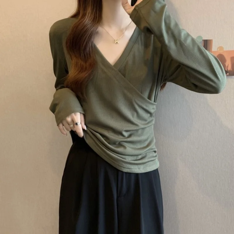 Colourp Colourp V-Neck Long-Sleeved T-Shirt Women 2024 New Design Sense Niche Fold Wear Inside With Heavy Bottom Shirt Tide
