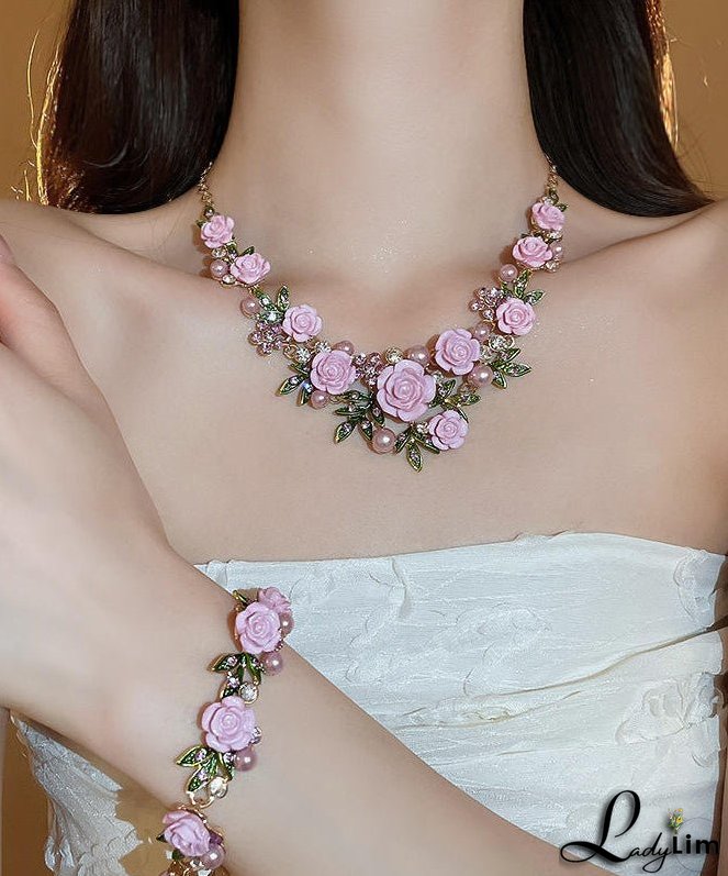 Cute Pink Sterling Silver Alloy Zircon Pearl Floral Pendant Necklace
