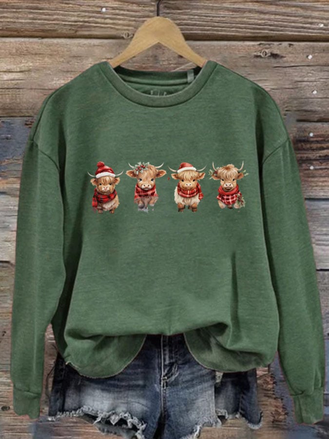 Women's Casual Christmas Highland Cow Printed Long Sleeve Sweatshirt
