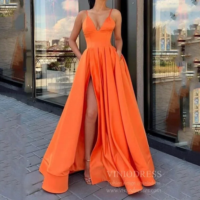 Churchf Women's Evening Wedding Party Dress Solid Elegant Side Slit A-Line Satin Sleeveless Straps Banquet Maxi Long Dress Vestidos-Outfit Ideas