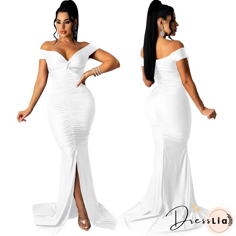 Low Cut Slash Neck Ruched Split Maxi Cocktail Dresses