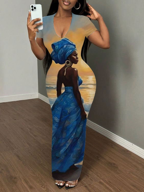 Elegant African Lady Print Short Sleeve Bodycon Maxi Dress