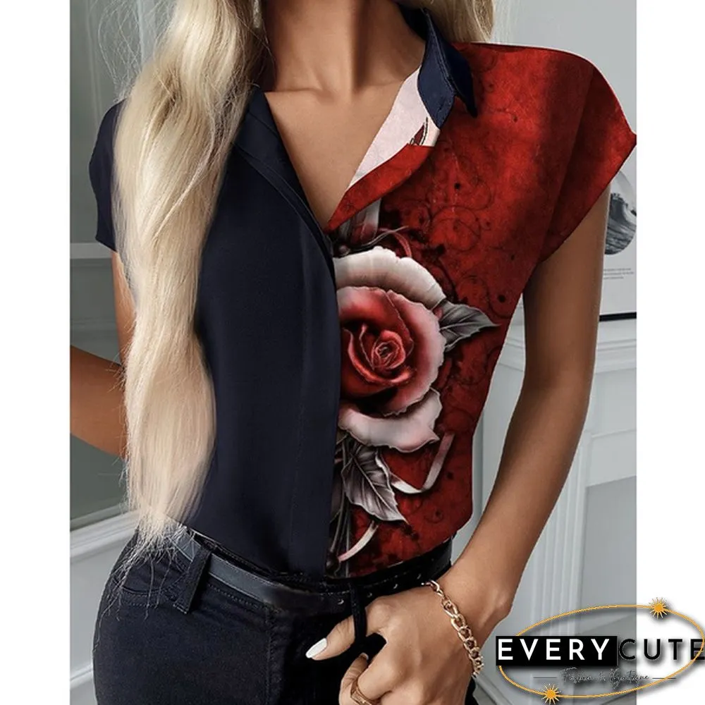New Summer Women Fashion Floral Print Colorblock Short Sleeve Casual Plus size Tops