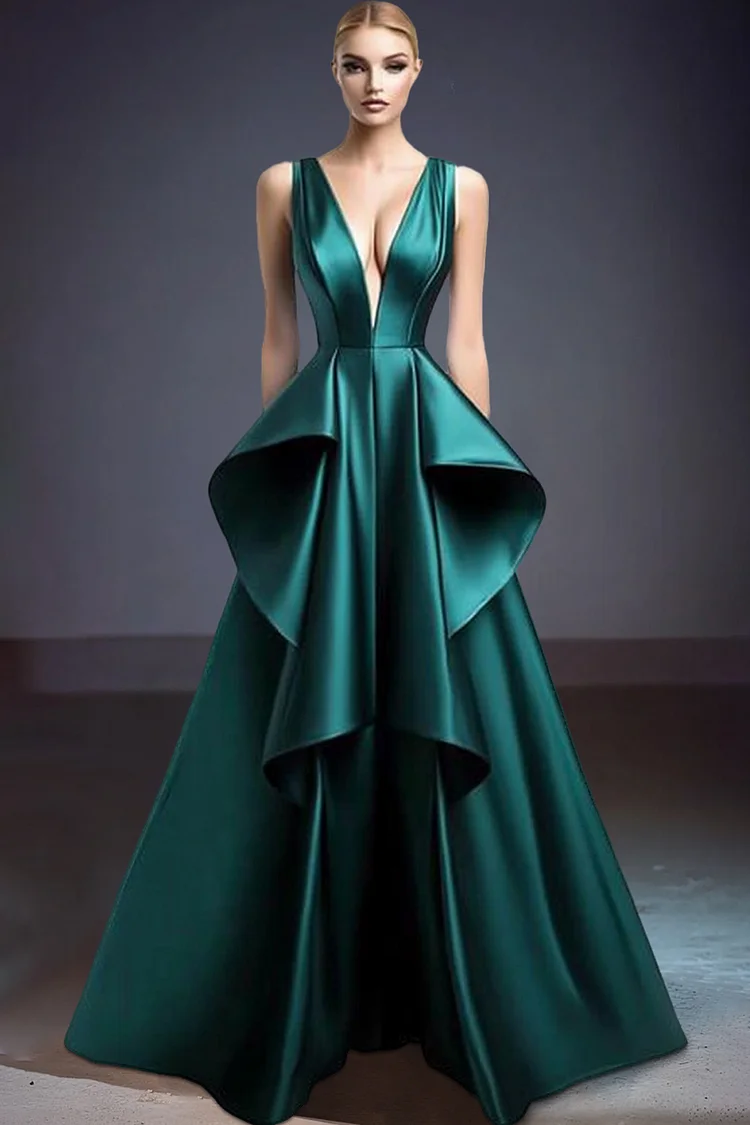 Deep V Neck Sleeveless Layered Maxi Dress-Dark Green [Custom-Made]