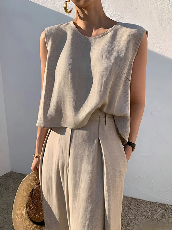 Loose Short Sleeves Hollow Solid Color Split-Joint Round-Neck Vest Top