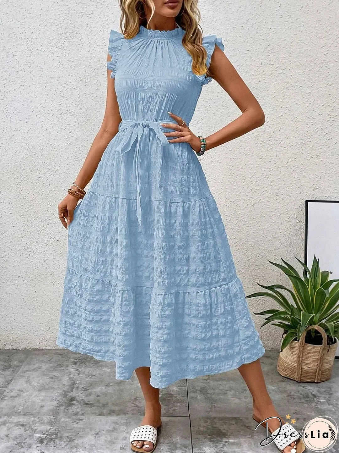 Tied Ruffled Cap Sleeve Midi Dress