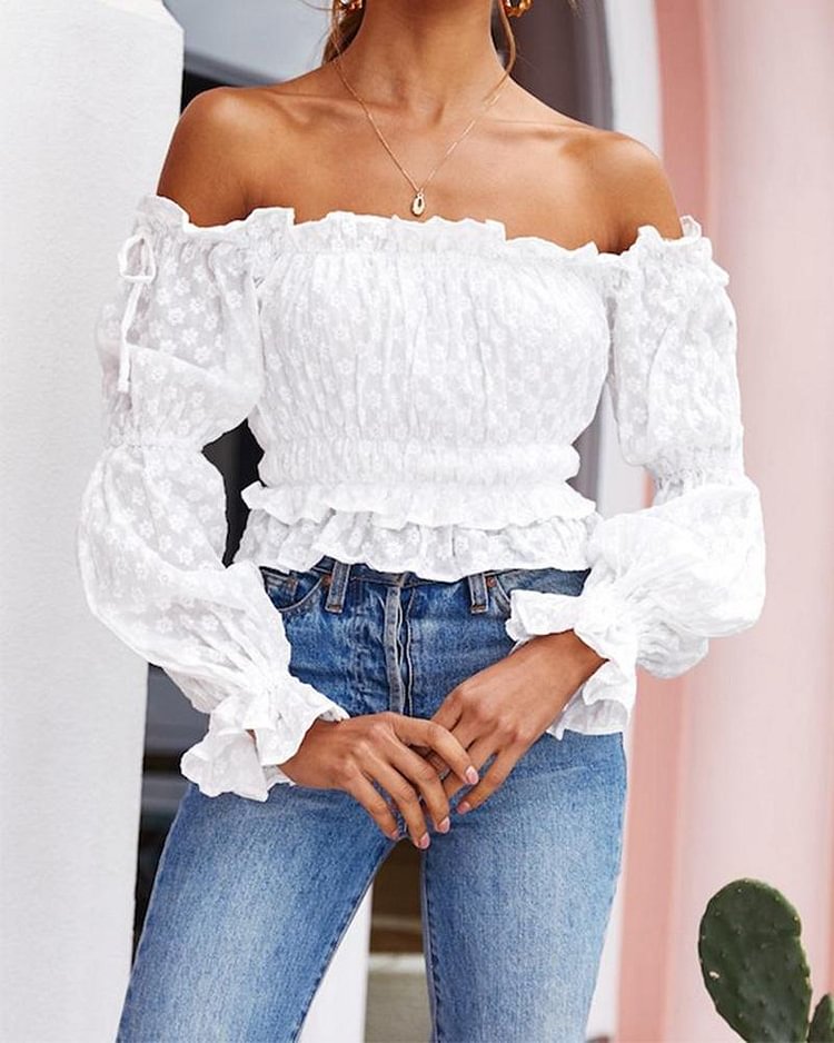 Off Shoulder Ruffle Embroidery Long Sleeve Tops