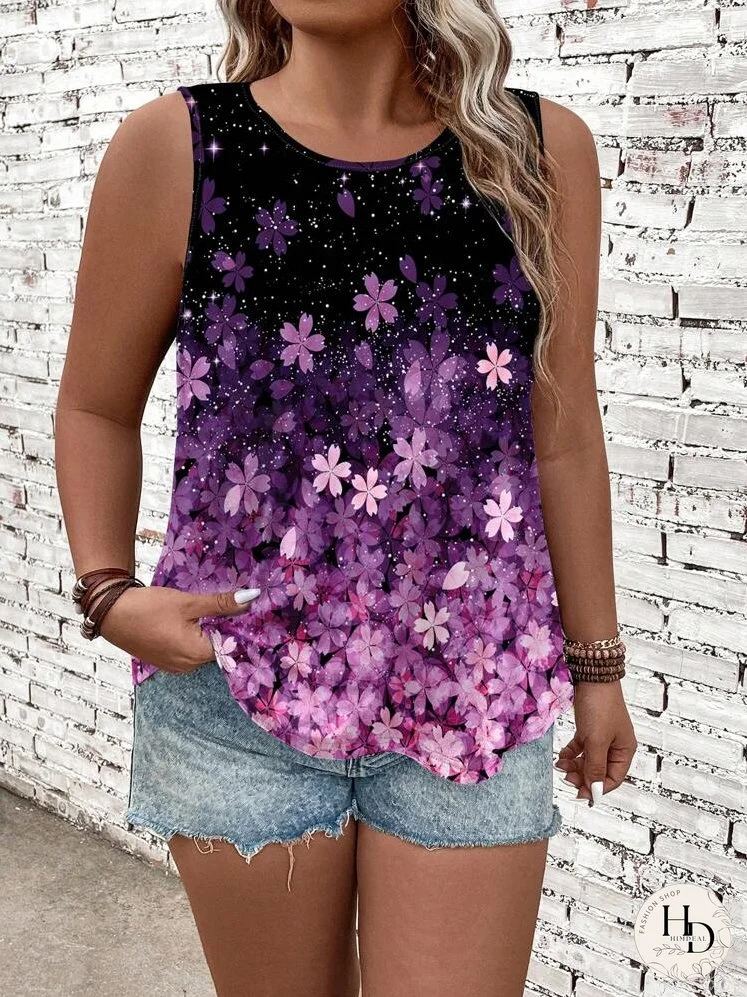 Mono informal con estampado de flor de cerezo para mujer, camiseta sin mangas y chaleco de talla grande