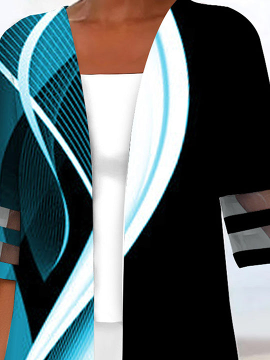 Women Half Sleeve Scoop Neck Striped Printed Colorblock Two-Pieced Tops