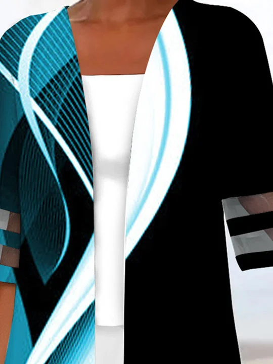 Women Half Sleeve Scoop Neck Striped Printed Colorblock Two-Pieced Tops