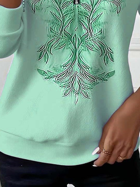 Women Long Sleeve Scoop Neck Floral Printed Graphic Zipper Tops