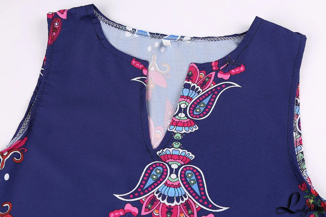 Vintage print dress V-neck sleeveless